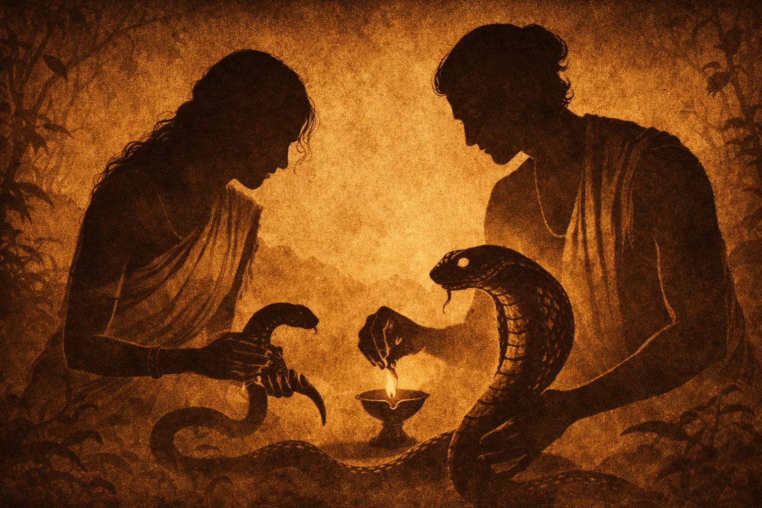 Vasudeva and Sreedevi tending to the scorched serpents
